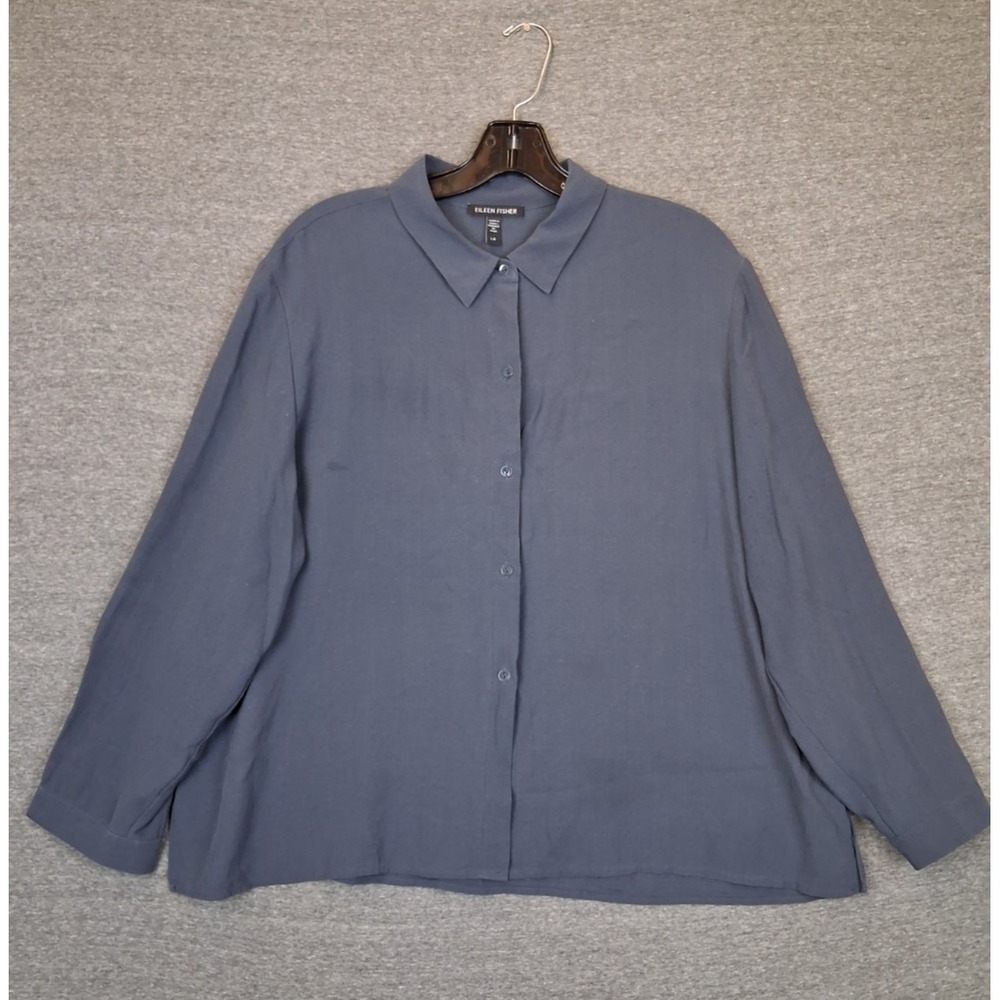 Eileen Fisher Womens Shirt L Blue 100% Silk Georgette Crepe Button Minimalist